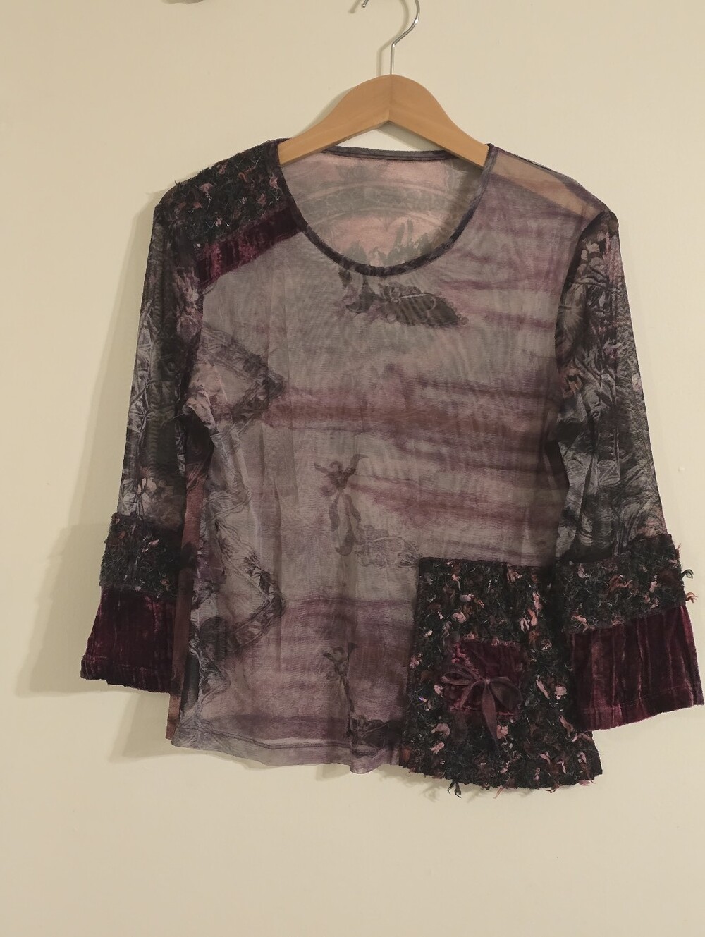 Y2K Gothic Purple Long Sleeve Sheer Floral Mesh  Patchwork Top Size M/ US 8-10 - Picture 14 of 17